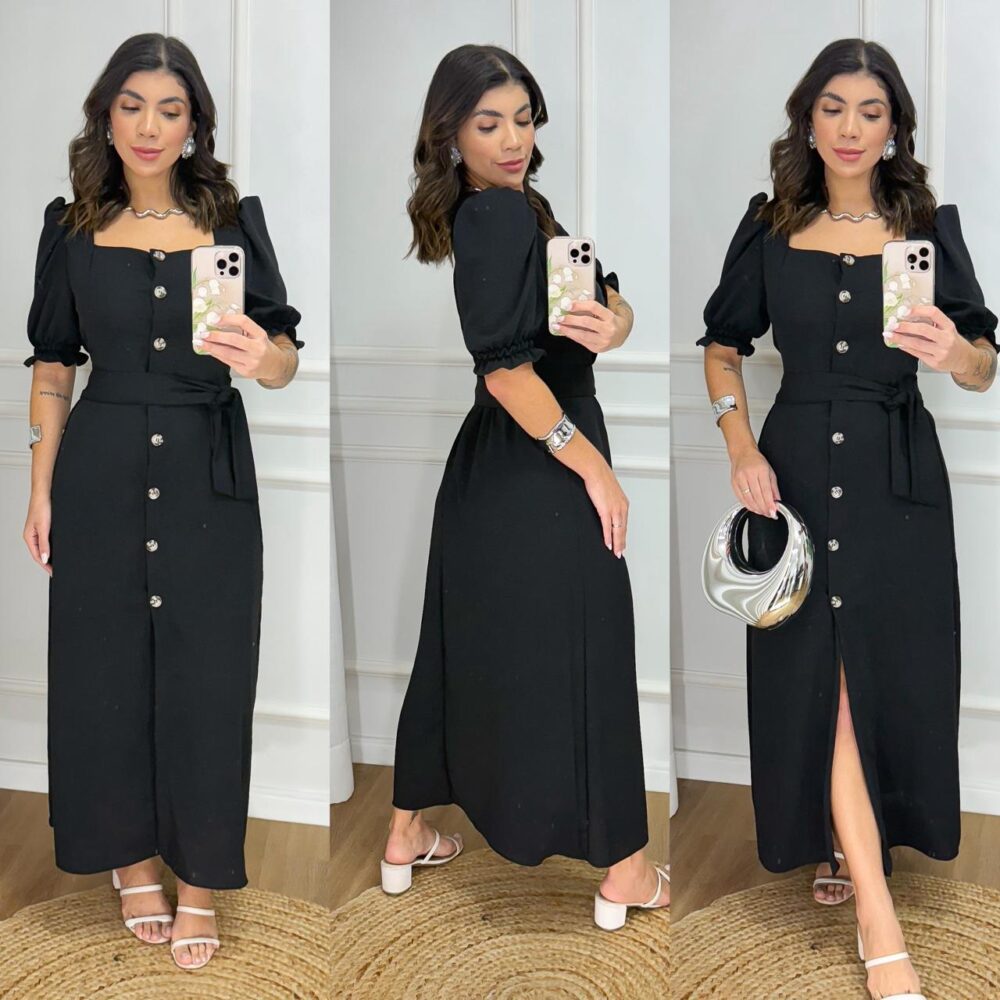 Vestido Longo Liso com Botões e Cinto - Manga Bufante - Modelo Elegante com Elastex