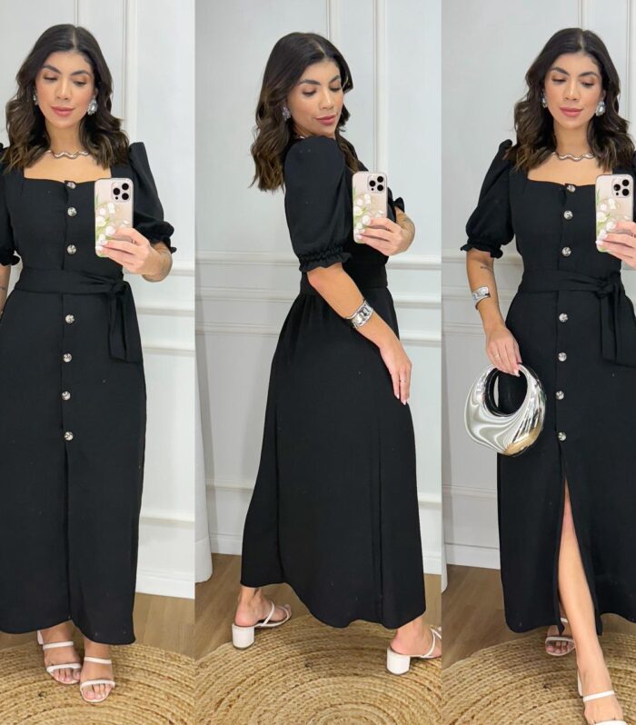 Vestido Longo Liso com Botões e Cinto - Manga Bufante - Modelo Elegante com Elastex