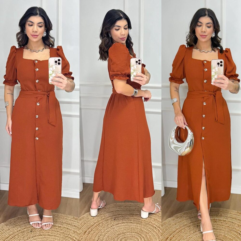 Vestido Longo Liso com Botões e Cinto - Manga Bufante - Modelo Elegante com Elastex - IMAGEM m 3