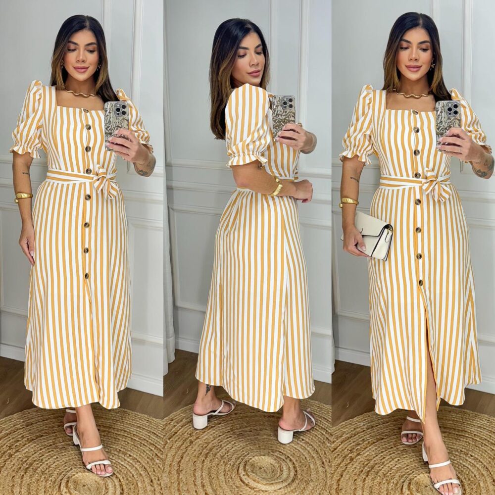 Vestido Longo Listrado com Botões e Cinto - Manga Bufante - Modelo Elegante com Elastex - IMAGEM m 4