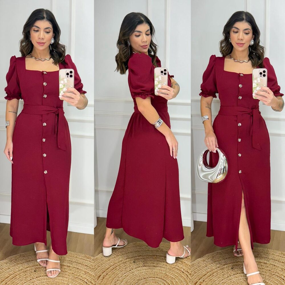 Vestido Longo Liso com Botões e Cinto - Manga Bufante - Modelo Elegante com Elastex - IMAGEM m 5