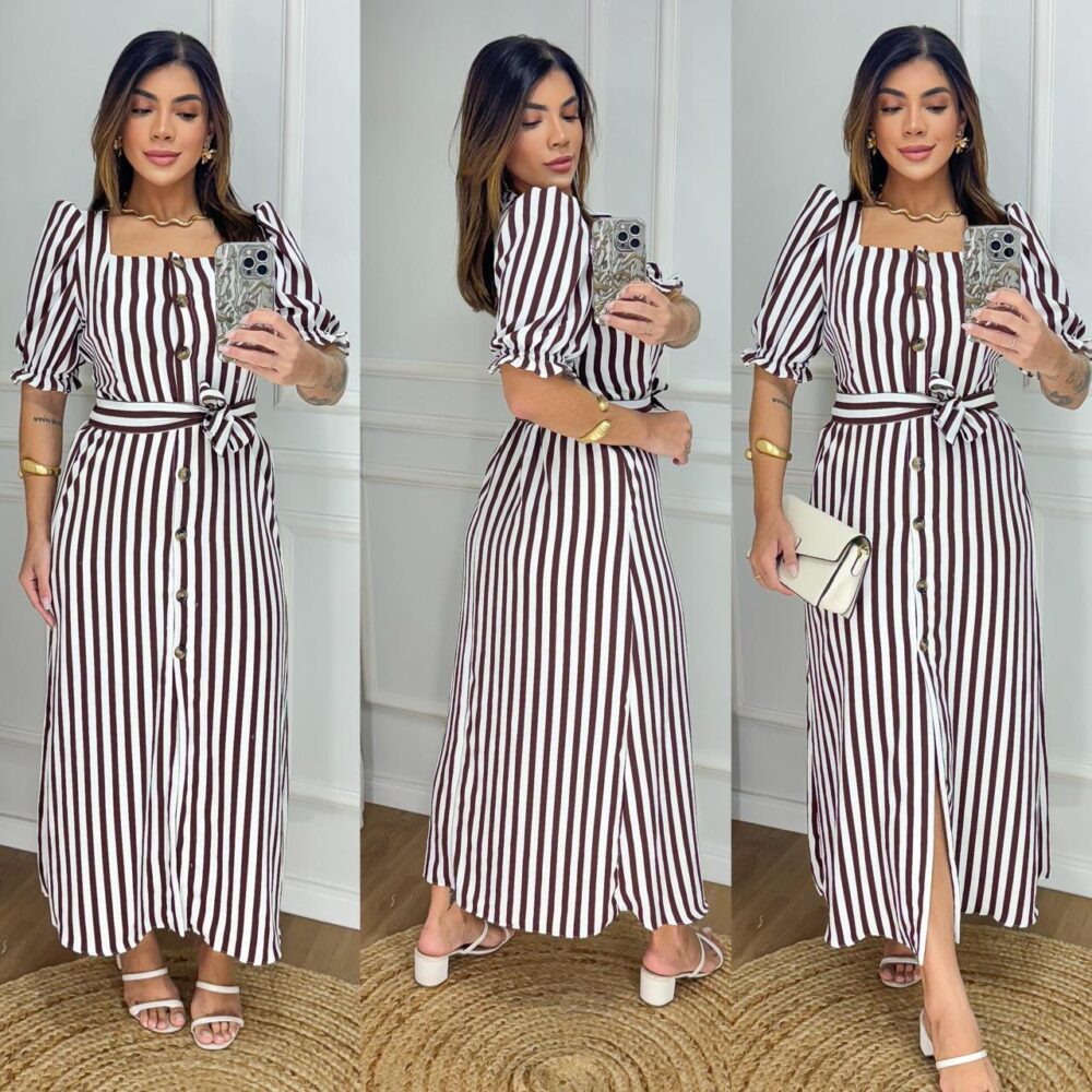 Vestido Longo Listrado com Botões e Cinto - Manga Bufante - Modelo Elegante com Elastex - IMAGEM m 5