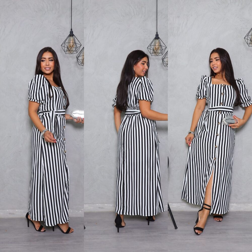 Vestido Longo Listrado com Botões e Cinto - Manga Bufante - Modelo Elegante com Elastex