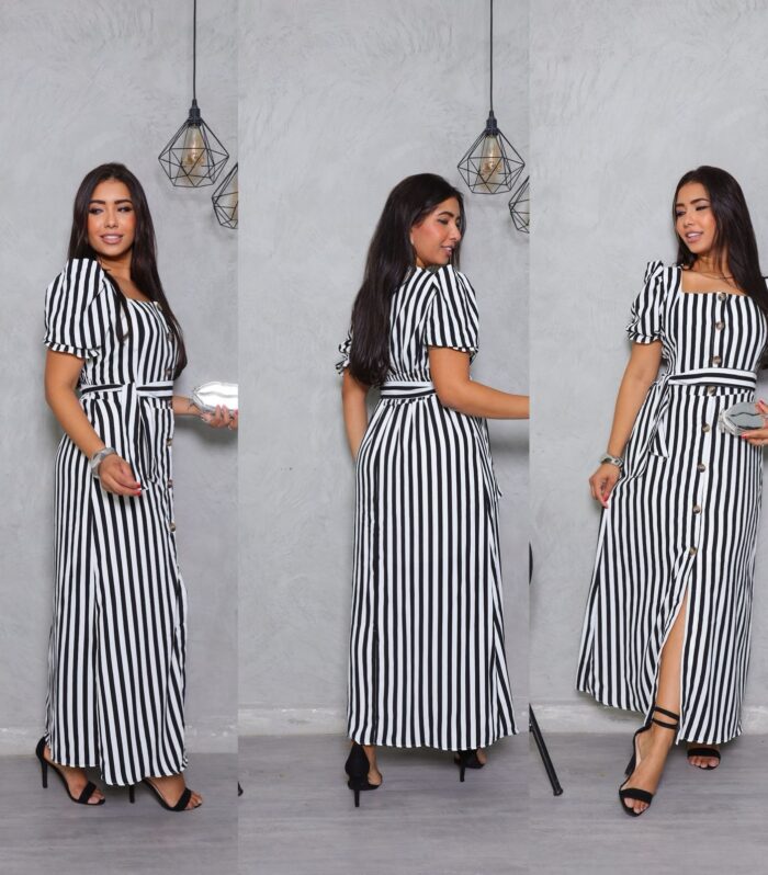 Vestido Longo Listrado com Botões e Cinto - Manga Bufante - Modelo Elegante com Elastex
