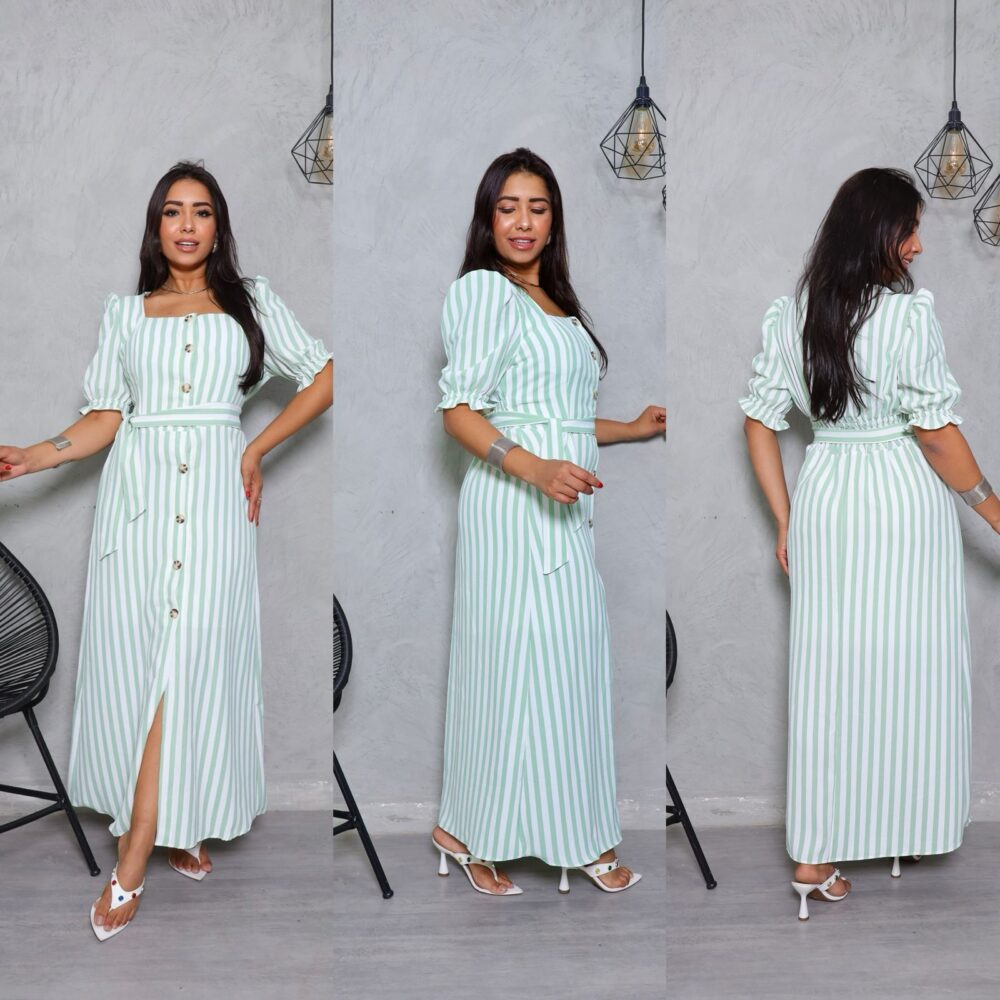 Vestido Longo Listrado com Botões e Cinto - Manga Bufante - Modelo Elegante com Elastex - IMAGEM m 6