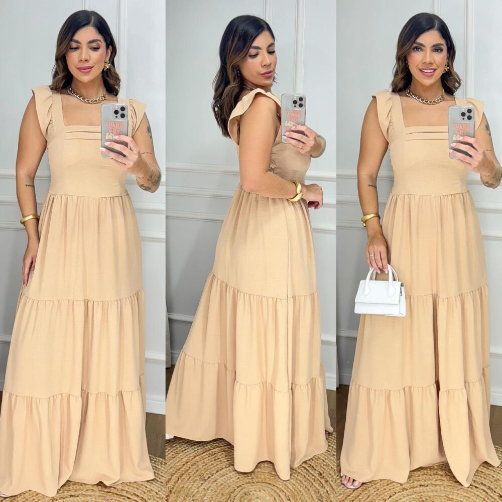 Vestido Longo Feminino Liso Com Alcinha Babado e Com Bojo - IMAGEM m 3