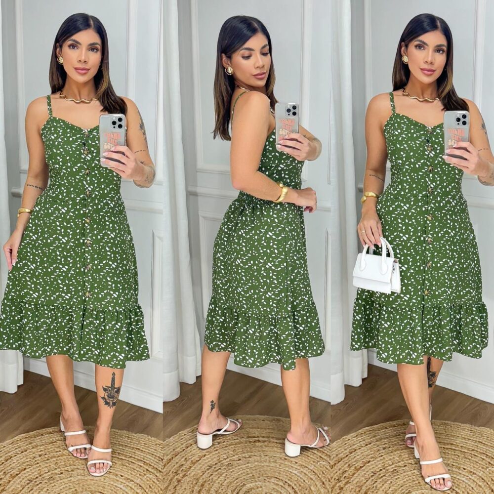Vestido Midi Estampado Fenda Frontal Botao Soltinho Godê - IMAGEM m 3