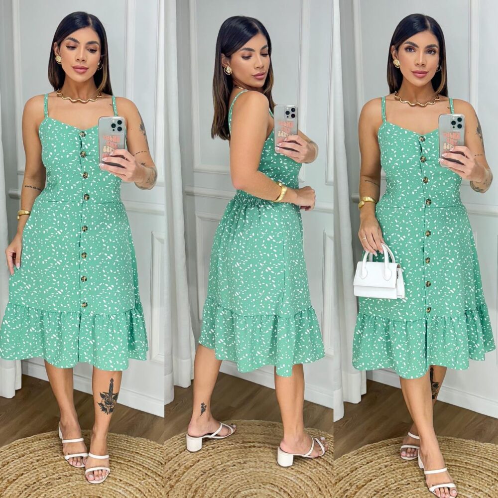 Vestido Midi Estampado Fenda Frontal Botao Soltinho Godê - IMAGEM m 2