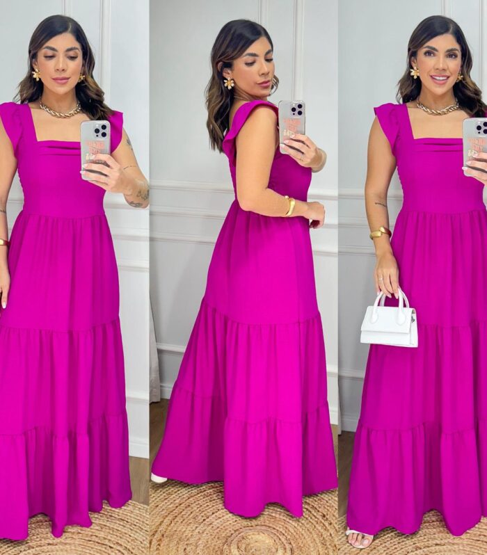 Vestido Longo Feminino Liso Com Alcinha Babado e Com Bojo