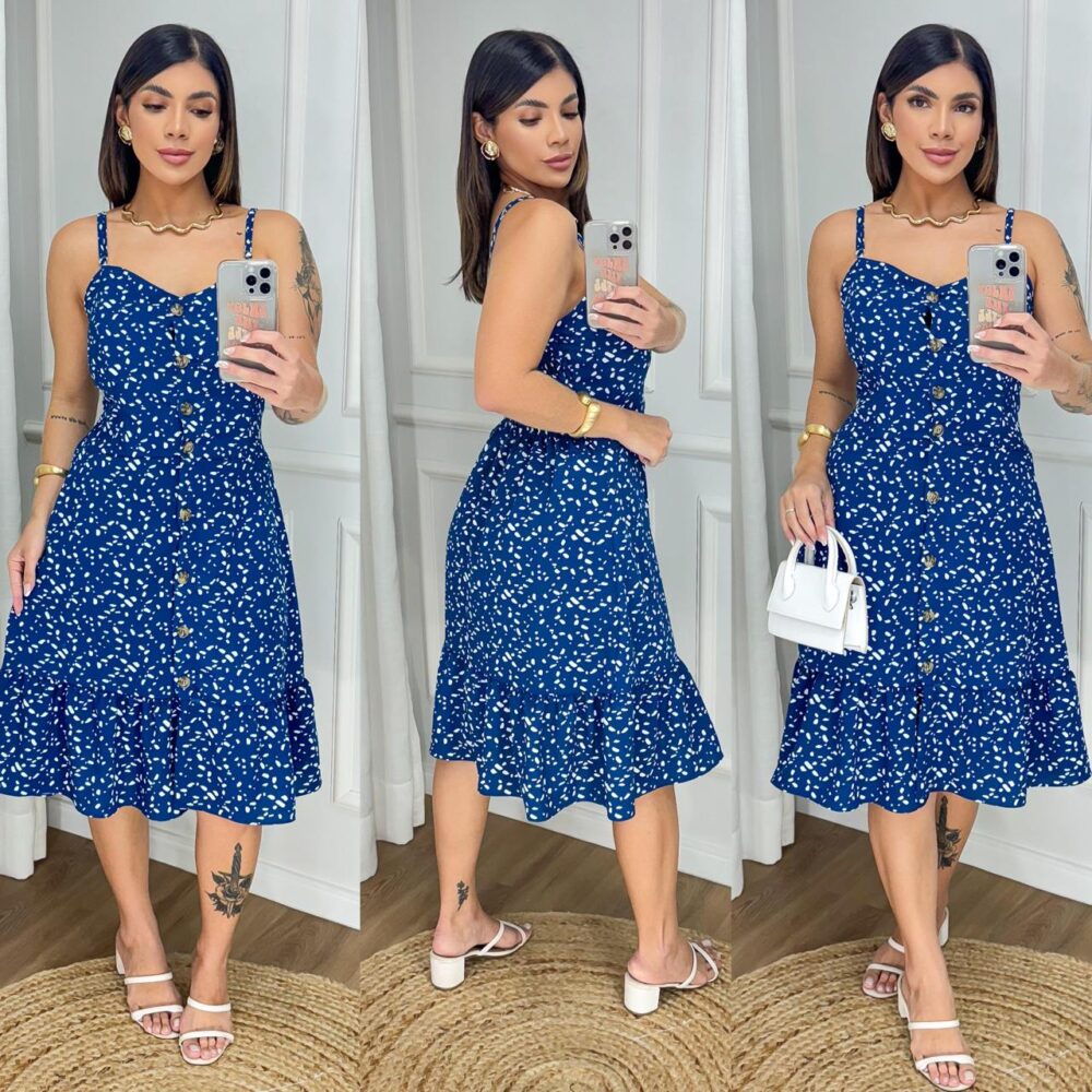 Vestido Midi Estampado Fenda Frontal Botao Soltinho Godê