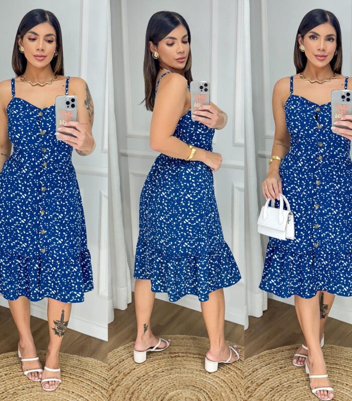Vestido Midi Estampado Fenda Frontal Botao Soltinho Godê