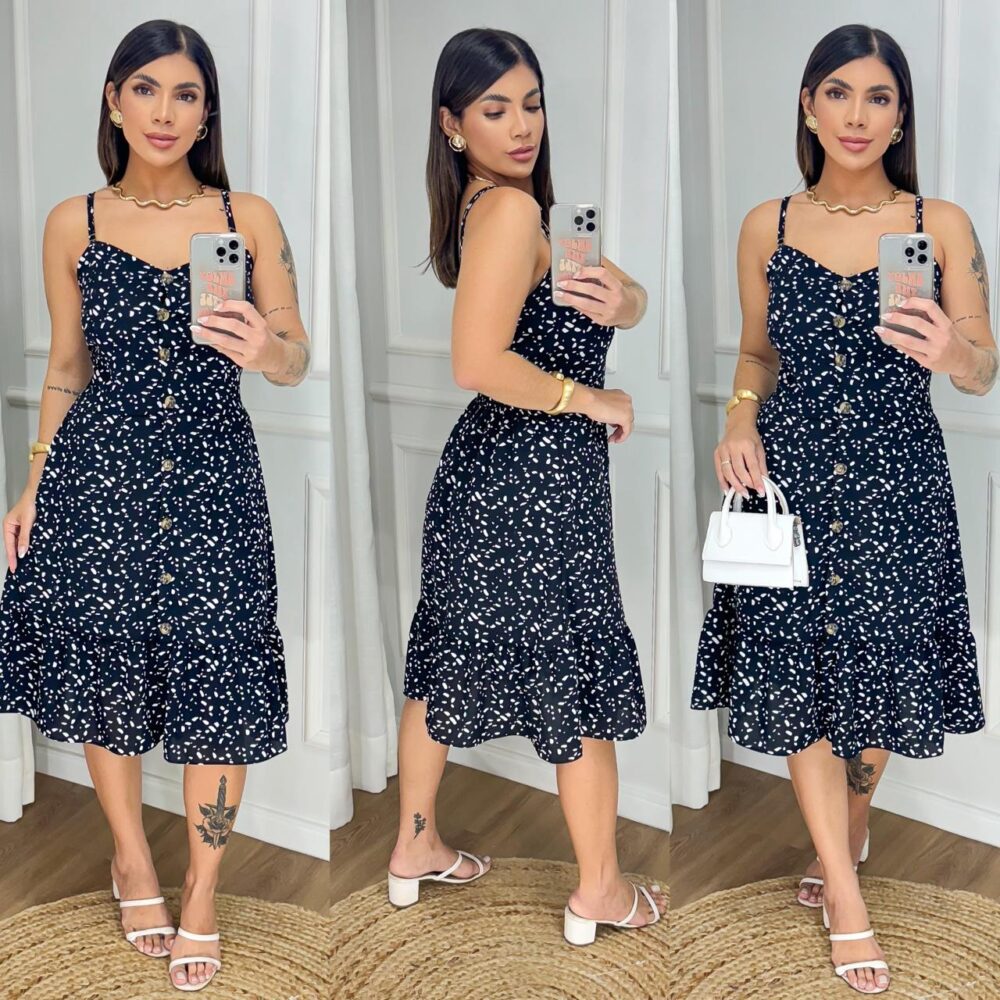 Vestido Midi Estampado Fenda Frontal Botao Soltinho Godê - IMAGEM m 4