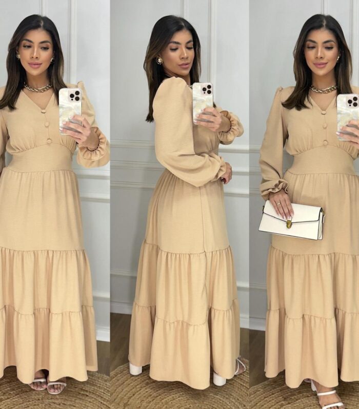 Vestido Longo Liso Feminino Com Manga Longa Com Elastex Nas Costas