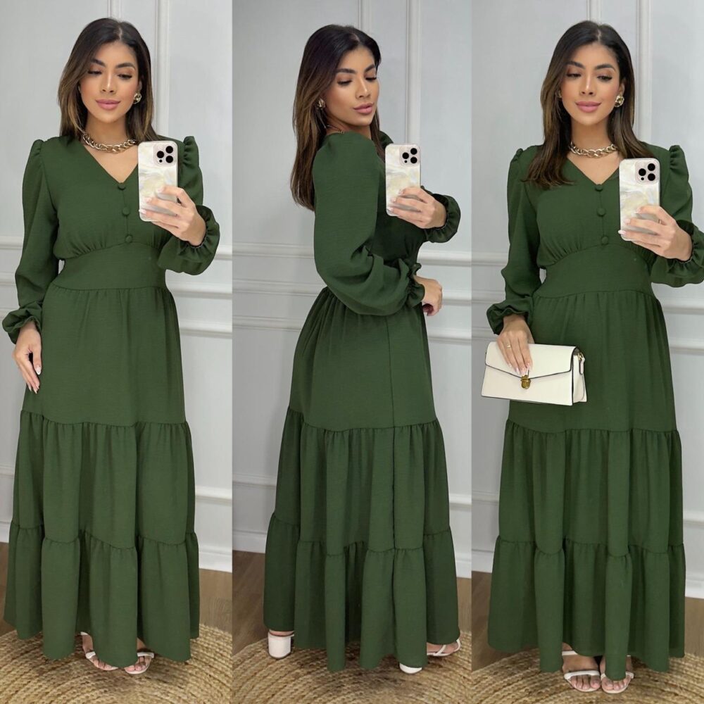 Vestido Longo Liso Feminino Com Manga Longa Com Elastex Nas Costas - IMAGEM m 6