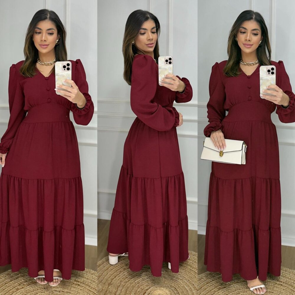 Vestido Longo Liso Feminino Com Manga Longa Com Elastex Nas Costas - IMAGEM m 4