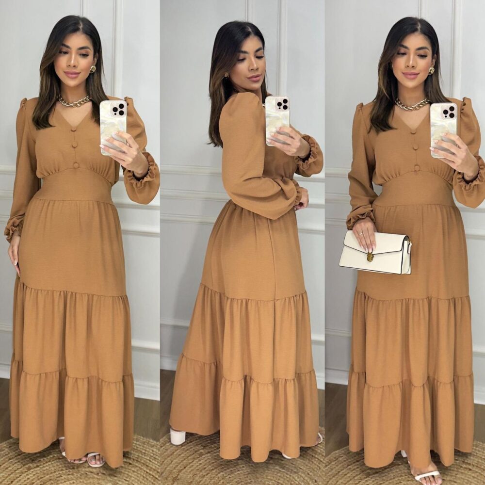 Vestido Longo Liso Feminino Com Manga Longa Com Elastex Nas Costas - IMAGEM m 3