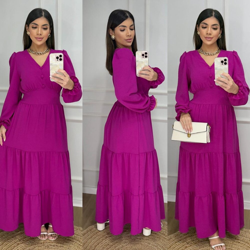 Vestido Longo Liso Feminino Com Manga Longa Com Elastex Nas Costas - IMAGEM m 2