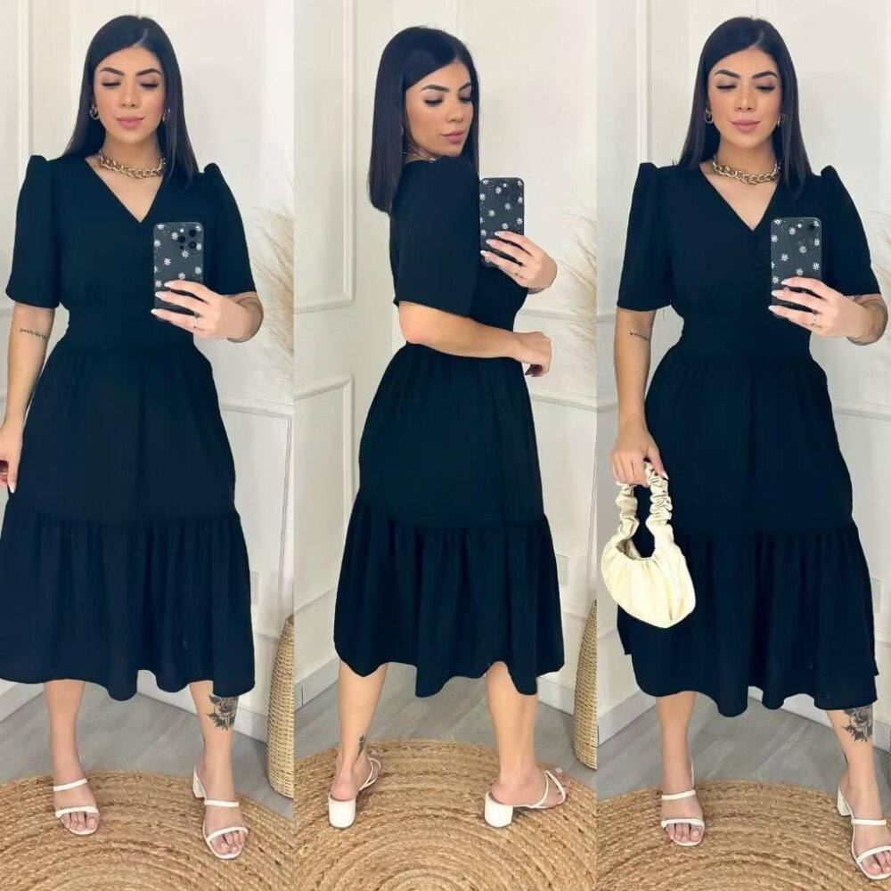 Vestido Midi Liso Feminino com elastex nas costas - IMAGEM m 10