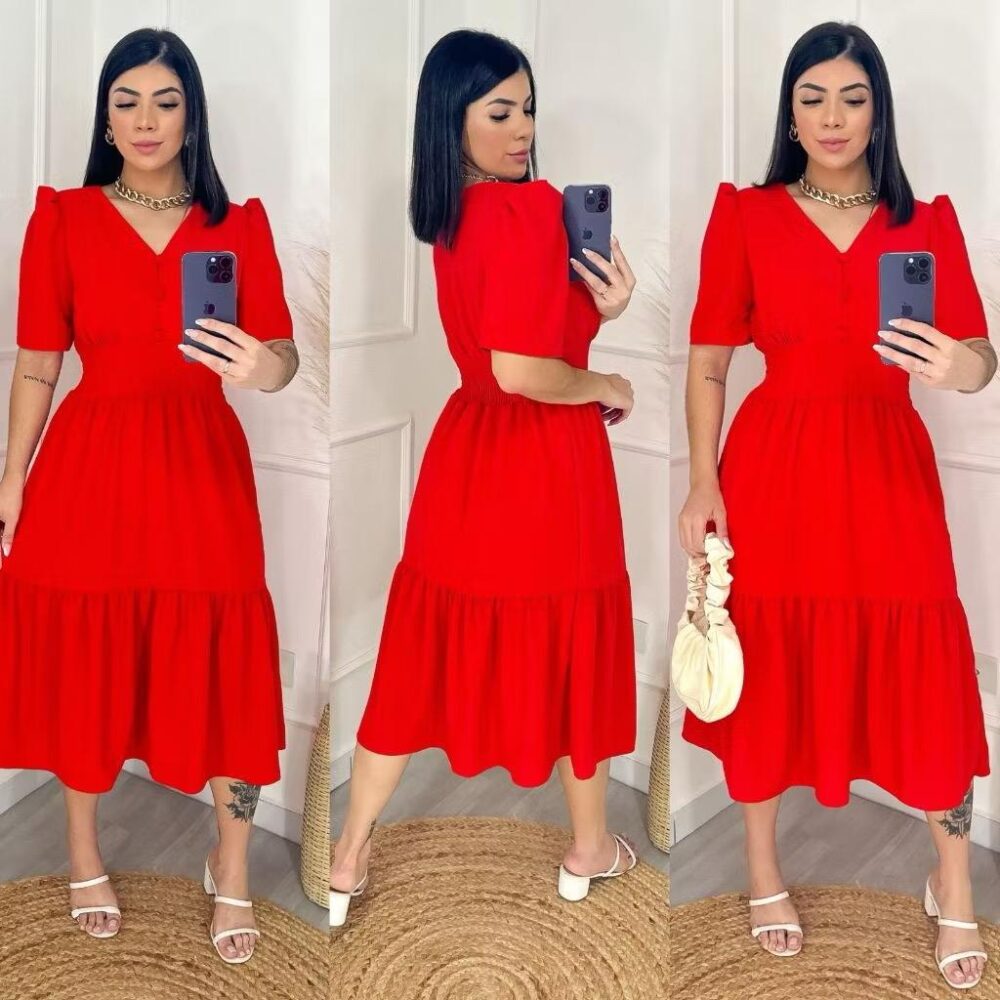 Vestido Midi Liso Feminino com elastex nas costas - IMAGEM m 6