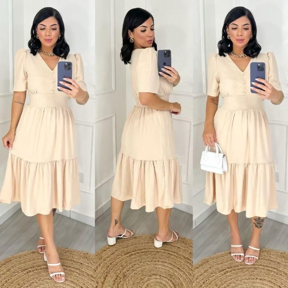 Vestido Midi Liso Feminino com elastex nas costas