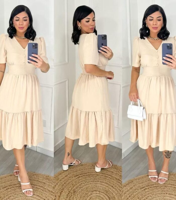 Vestido Midi Liso Feminino com elastex nas costas