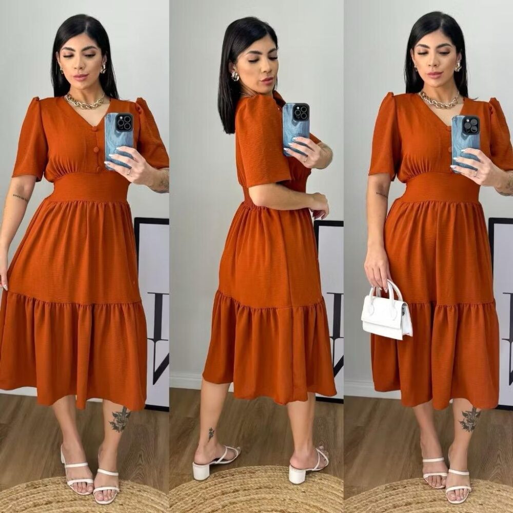 Vestido Midi Liso Feminino com elastex nas costas - IMAGEM m 2