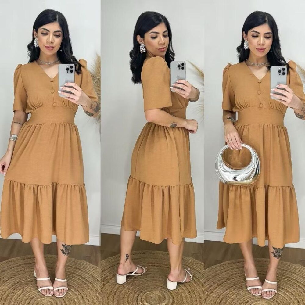 Vestido Midi Liso Feminino com elastex nas costas - IMAGEM m 3