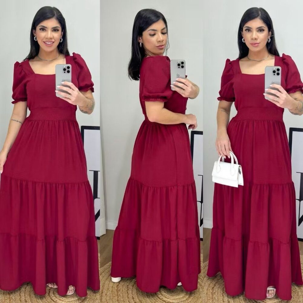 Vestido Longo Feminino Liso Com Bojo e Elastex atrás na cintura / Gola Quadrada - IMAGEM m 2