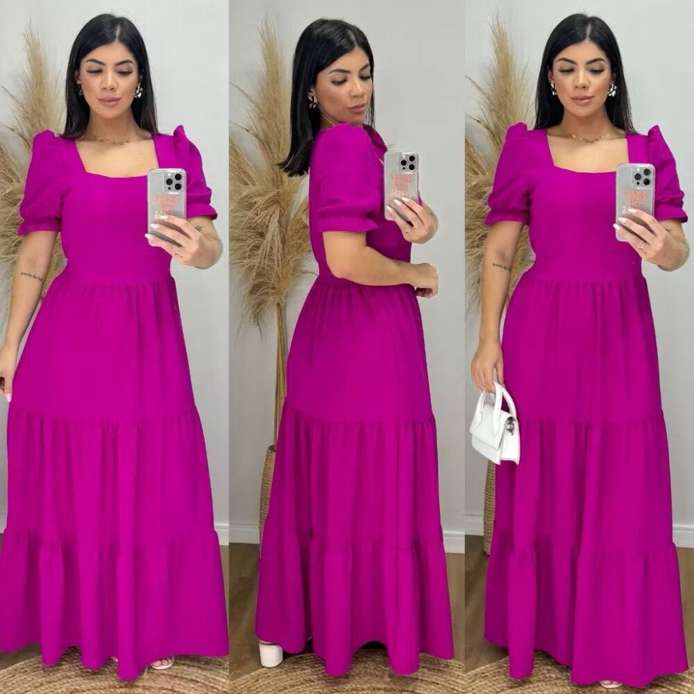 Vestido Longo Feminino Liso Com Bojo e Elastex atrás na cintura / Gola Quadrada - IMAGEM m 8