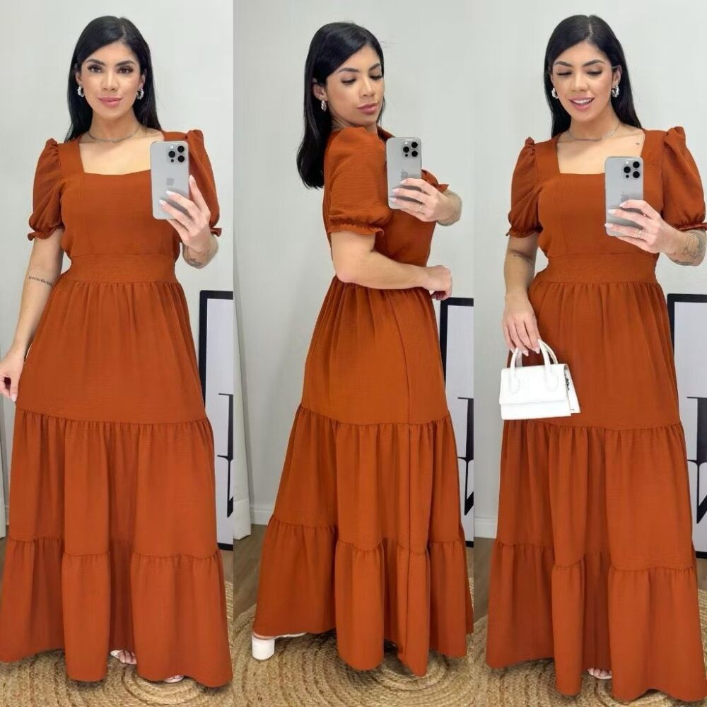 Vestido Longo Feminino Liso Com Bojo e Elastex atrás na cintura / Gola Quadrada - IMAGEM m 5