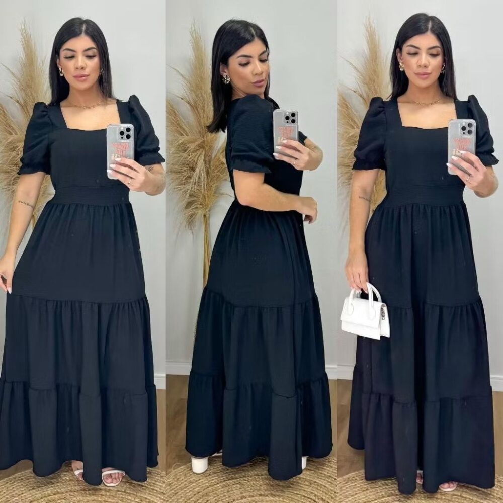 Vestido Longo Feminino Liso Com Bojo e Elastex atrás na cintura / Gola Quadrada - IMAGEM m 4