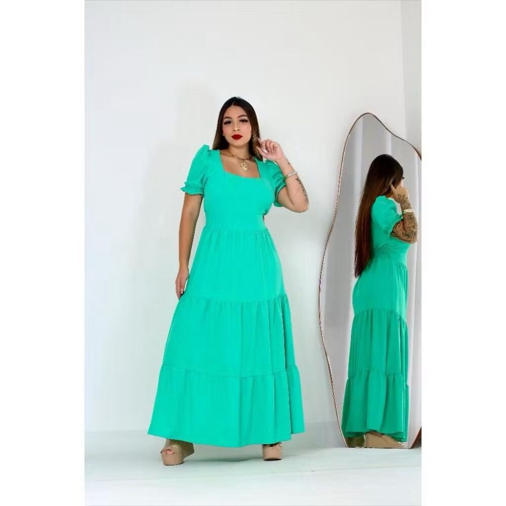 Vestido Longo Feminino Liso Com Bojo e Elastex atrás na cintura / Gola Quadrada - IMAGEM m 3
