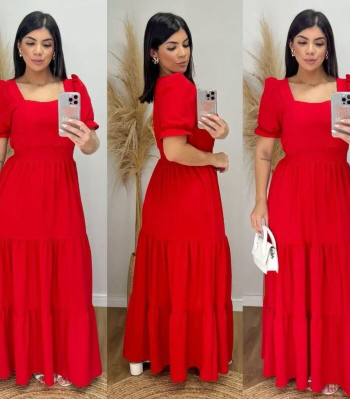 Vestido Longo Feminino Liso Com Bojo e Elastex atrás na cintura / Gola Quadrada