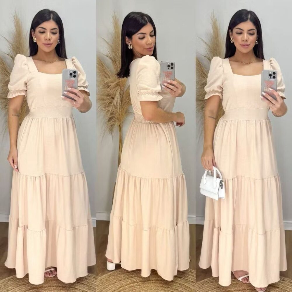 Vestido Longo Feminino Liso Com Bojo e Elastex atrás na cintura / Gola Quadrada - IMAGEM m 10
