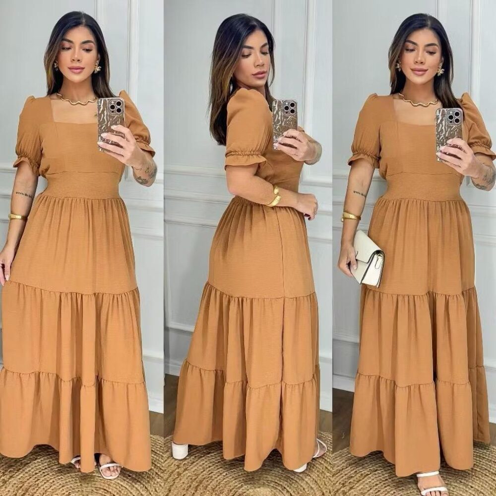 Vestido Longo Feminino Liso Com Bojo e Elastex atrás na cintura / Gola Quadrada - IMAGEM m 7