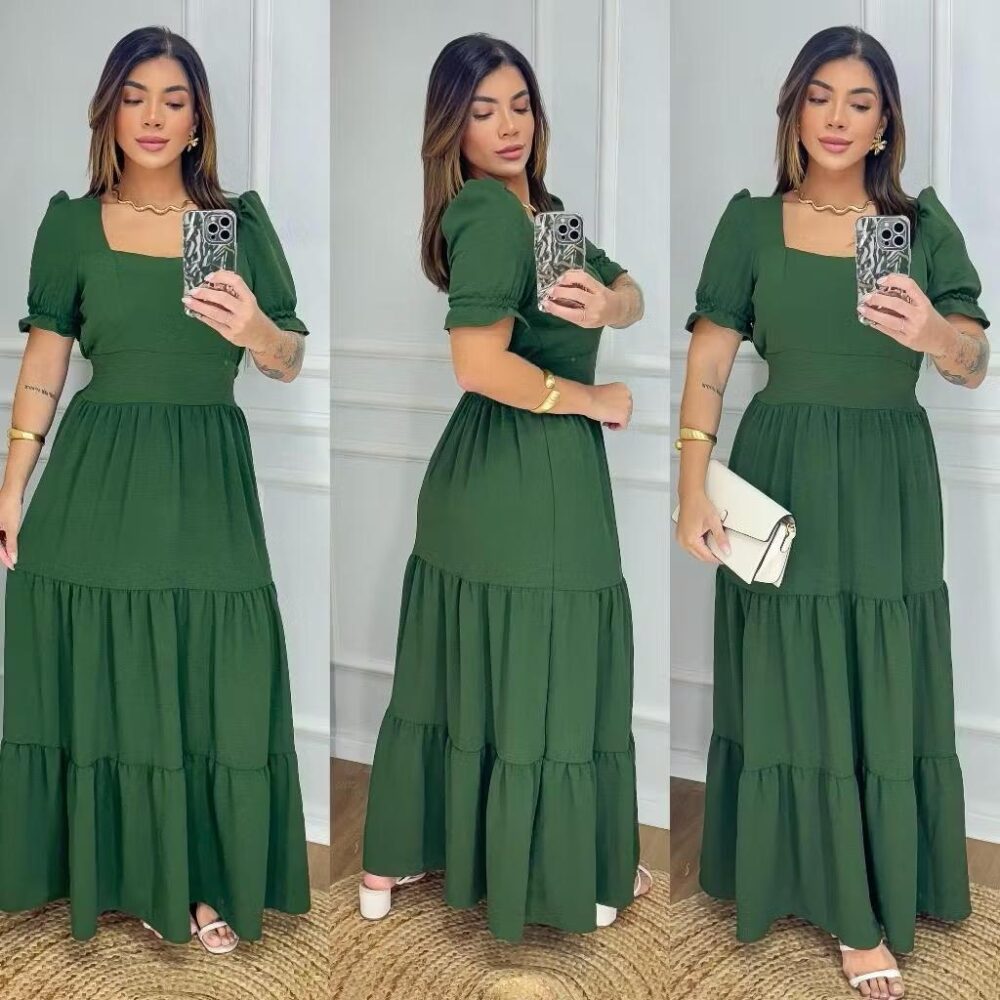 Vestido Longo Feminino Liso Com Bojo e Elastex atrás na cintura / Gola Quadrada - IMAGEM m 6