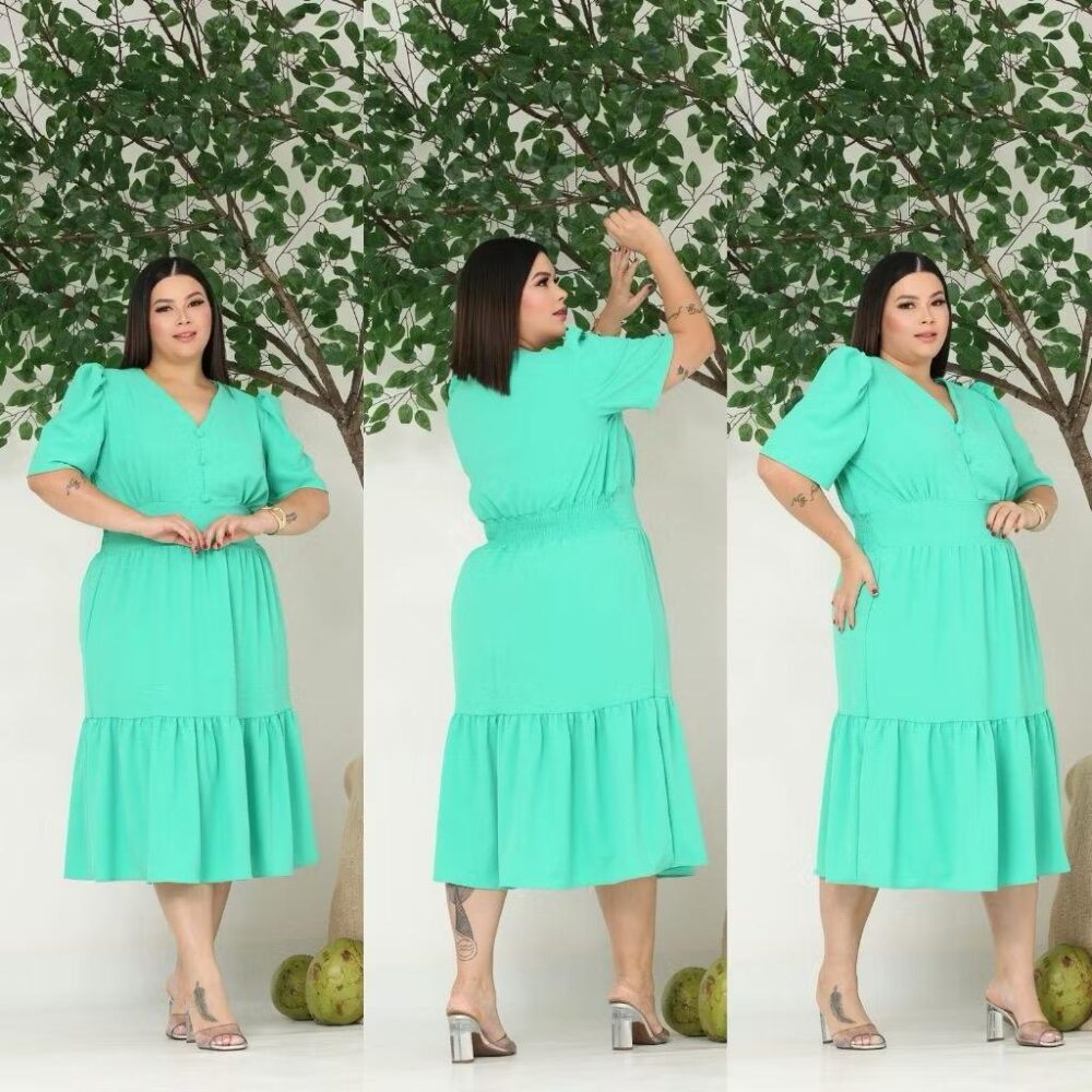 Vestido Midi Liso Feminino Plus Size Com Elastex Nas Costas - IMAGEM m 4