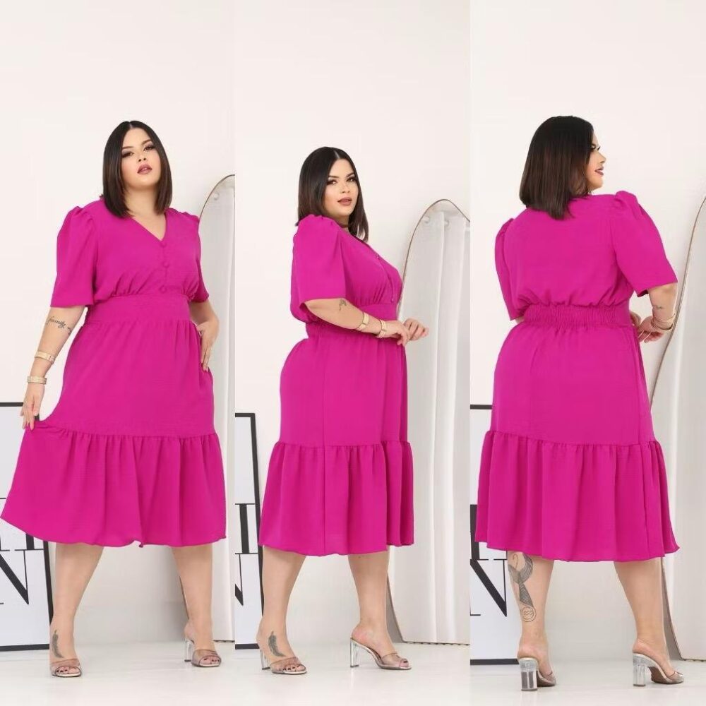 Vestido Midi Liso Feminino Plus Size Com Elastex Nas Costas - IMAGEM m 7