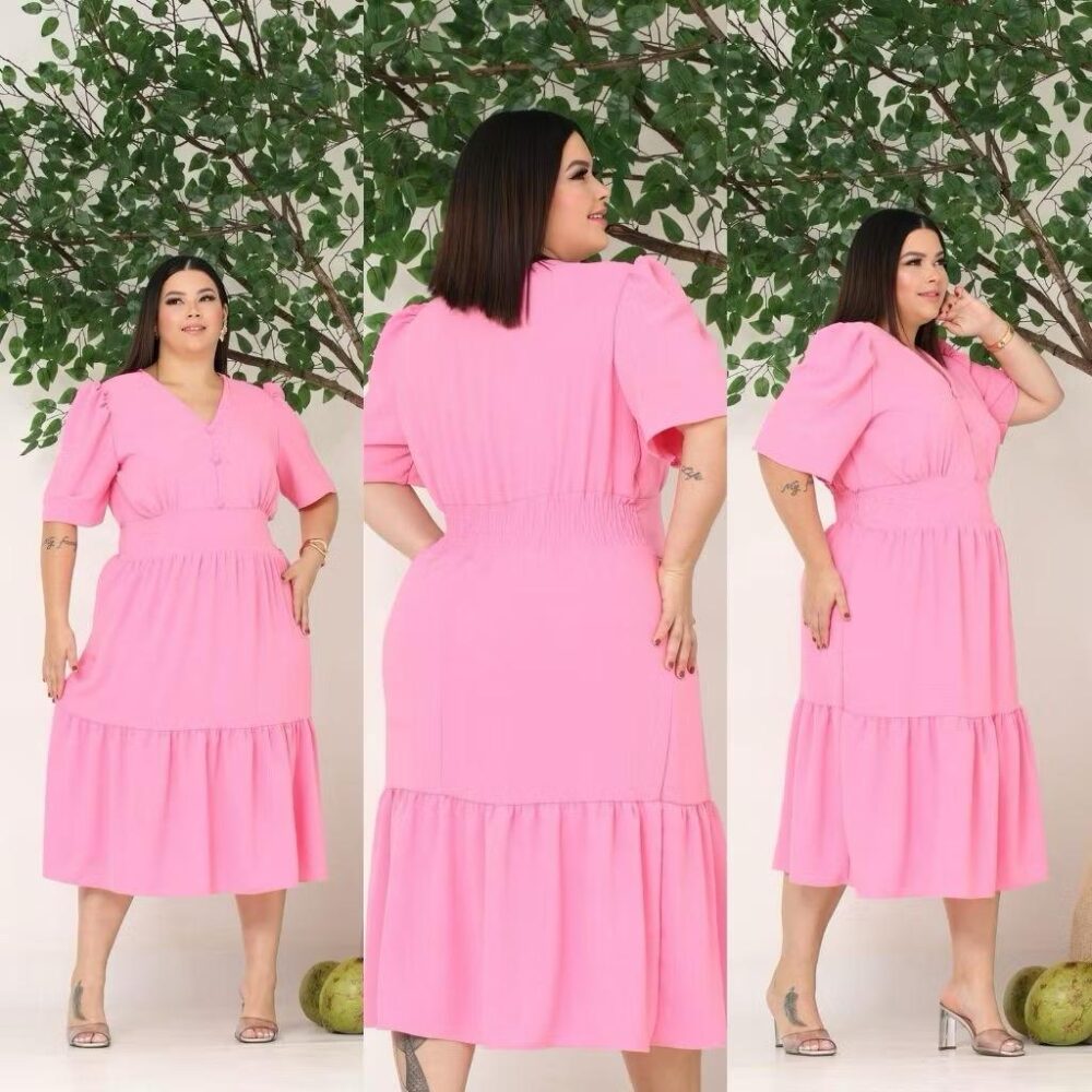 Vestido Midi Liso Feminino Plus Size Com Elastex Nas Costas - IMAGEM m 2