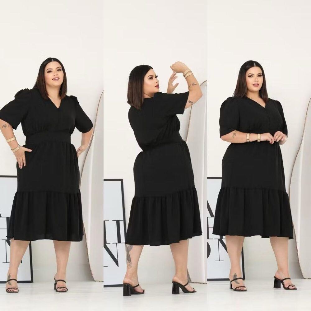 Vestido Midi Liso Feminino Plus Size Com Elastex Nas Costas - IMAGEM m 5