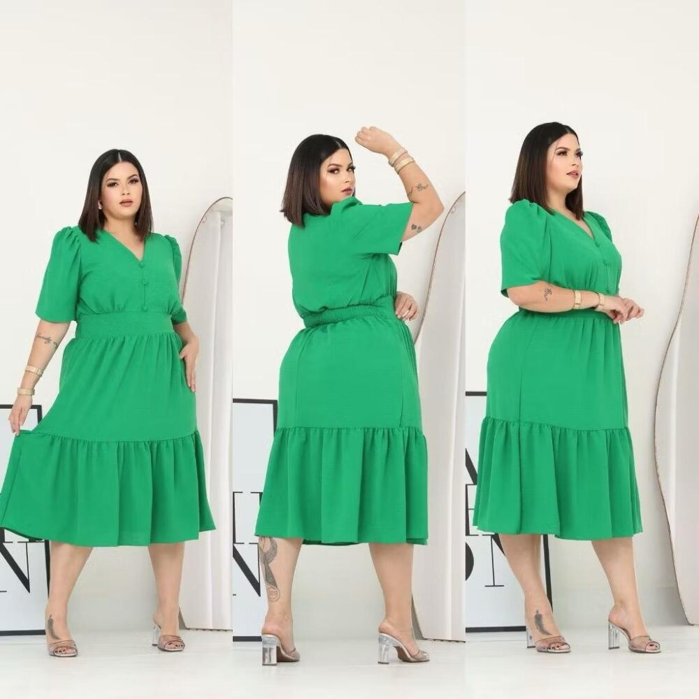 Vestido Midi Liso Feminino Plus Size Com Elastex Nas Costas - IMAGEM m 10