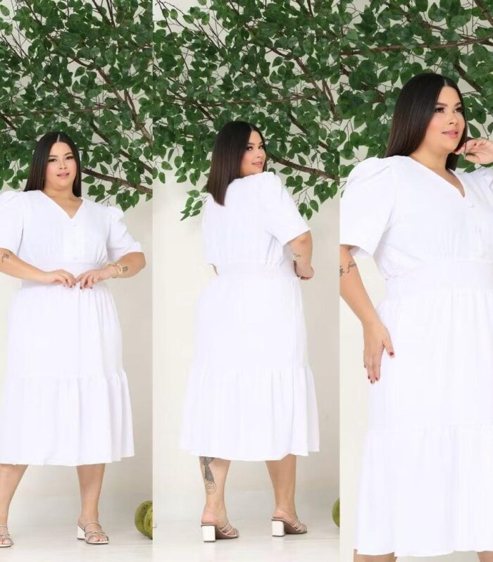 Vestido Midi Liso Feminino Plus Size Com Elastex Nas Costas