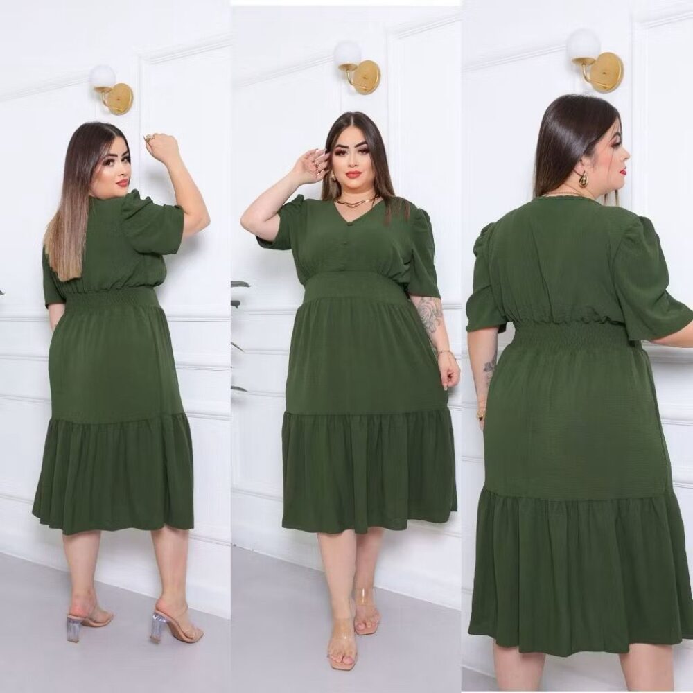 Vestido Midi Liso Feminino Plus Size Com Elastex Nas Costas - IMAGEM m 9