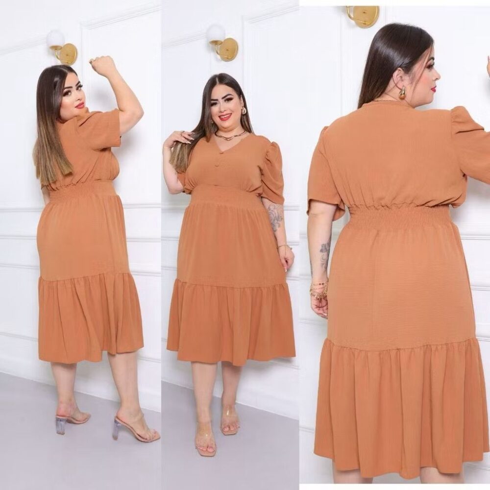 Vestido Midi Liso Feminino Plus Size Com Elastex Nas Costas - IMAGEM m 6