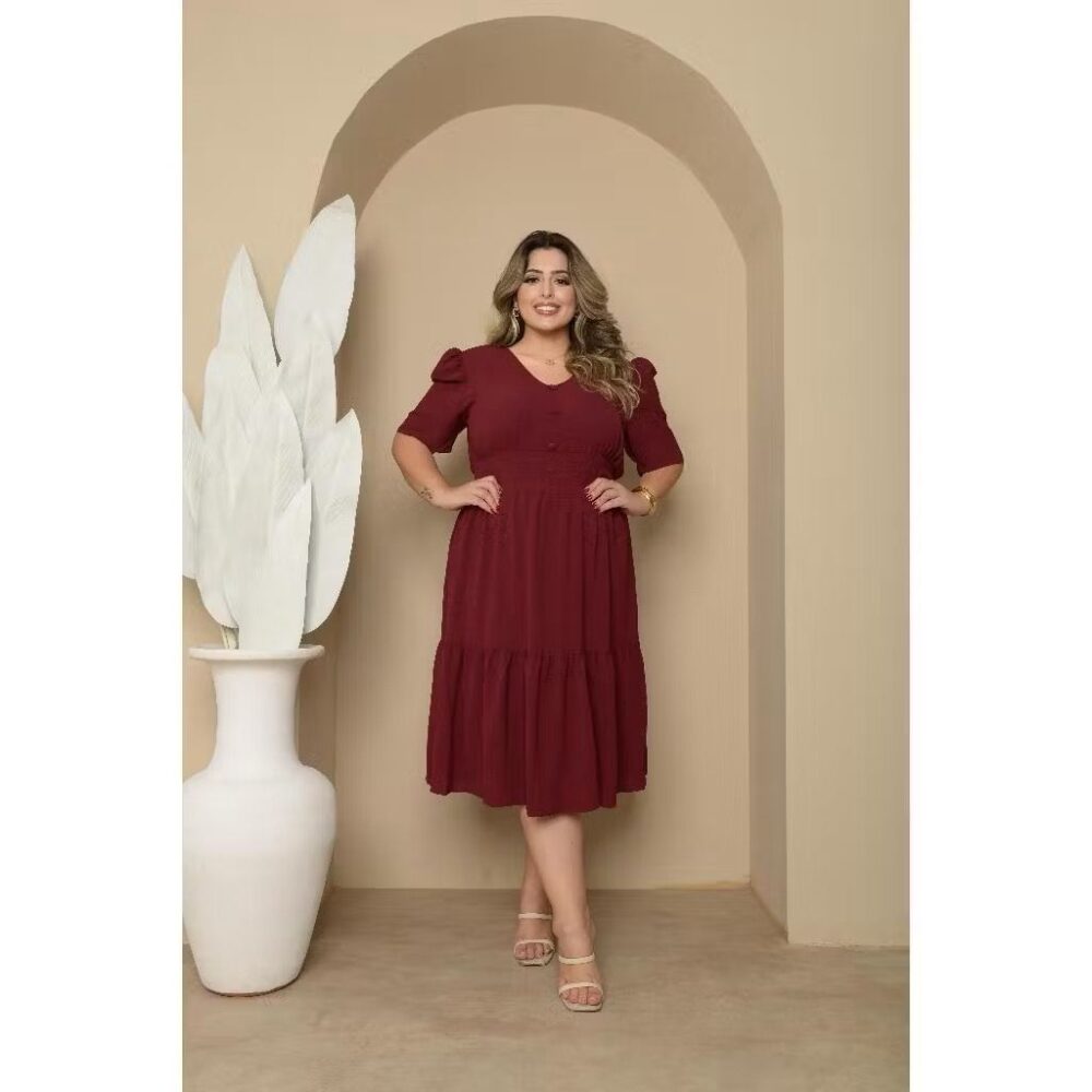 Vestido Midi Liso Feminino Plus Size Com Elastex Nas Costas - IMAGEM m 11