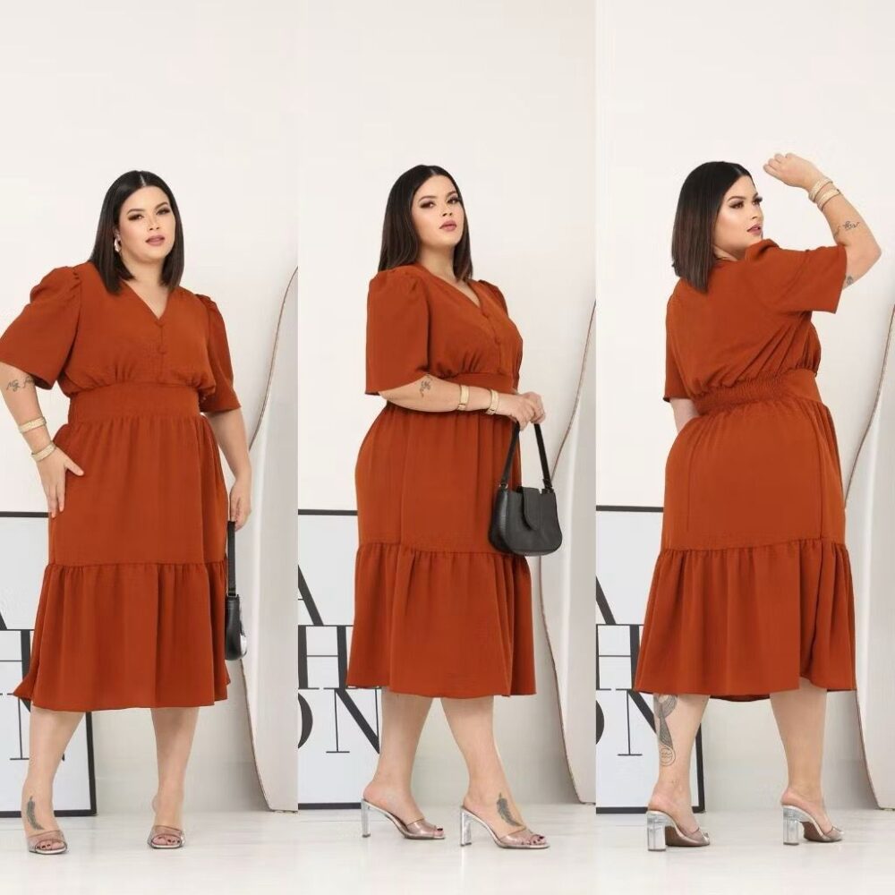 Vestido Midi Liso Feminino Plus Size Com Elastex Nas Costas - IMAGEM m 8