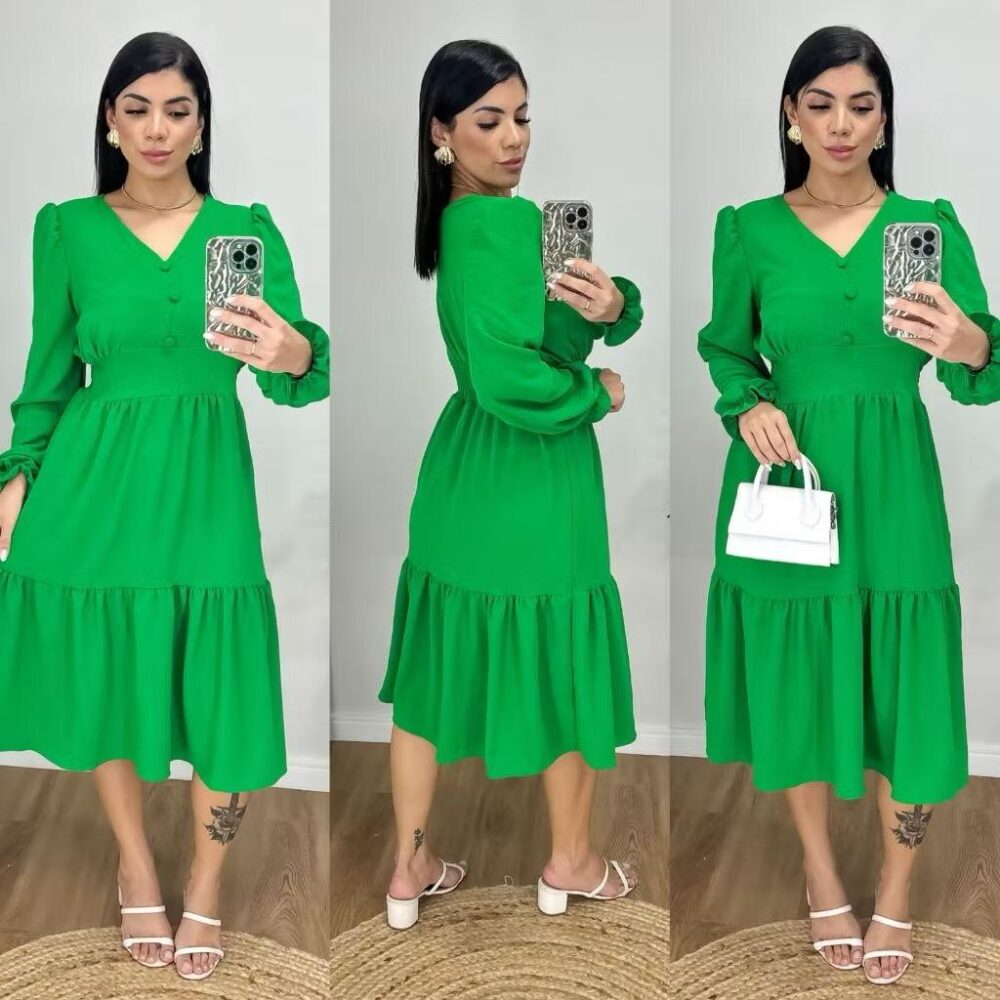 Vestido Midi Liso Feminino com elastex nas costas e com manga longa - IMAGEM m 7