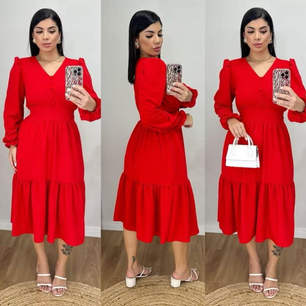 Vestido Midi Liso Feminino com elastex nas costas e com manga longa - IMAGEM m 3