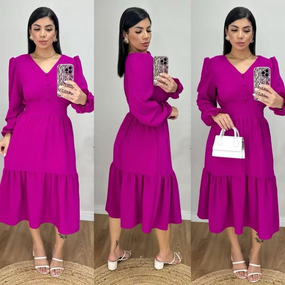 Vestido Midi Liso Feminino com elastex nas costas e com manga longa - IMAGEM m 6