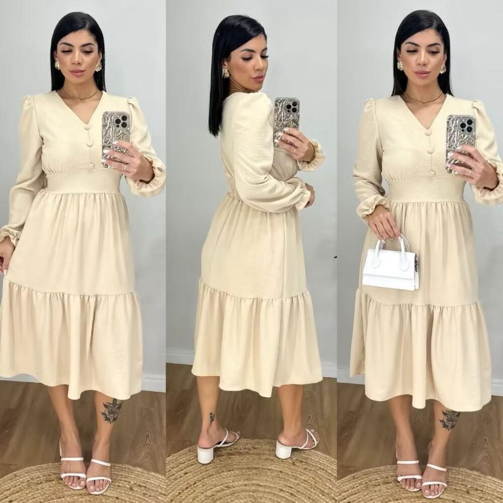 Vestido Midi Liso Feminino com elastex nas costas e com manga longa - IMAGEM m 9